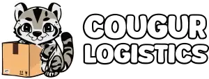 A cartoon-style cougar sitting next to a cardboard box, with the text "Cougur Logistics" in bold white letters on a black background.