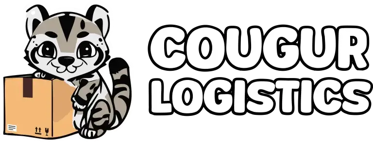 A cartoon-style cougar sitting next to a cardboard box, with the text "Cougur Logistics" in bold white letters on a black background.